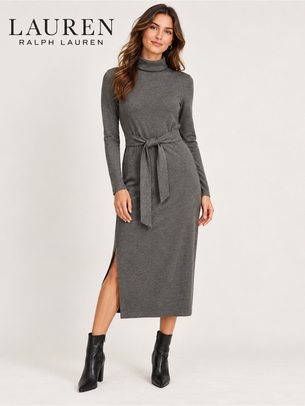 Lauren Ralph Lauren Gray Turtleneck Belted Midi Dress Size S
